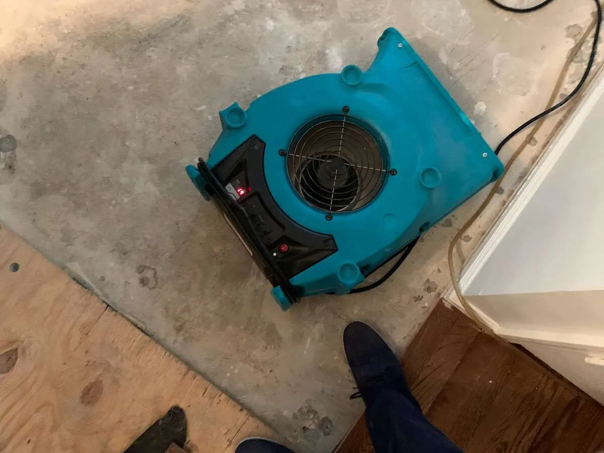 Air mover drying subfloor during Leak Detection & Repair in Vernon